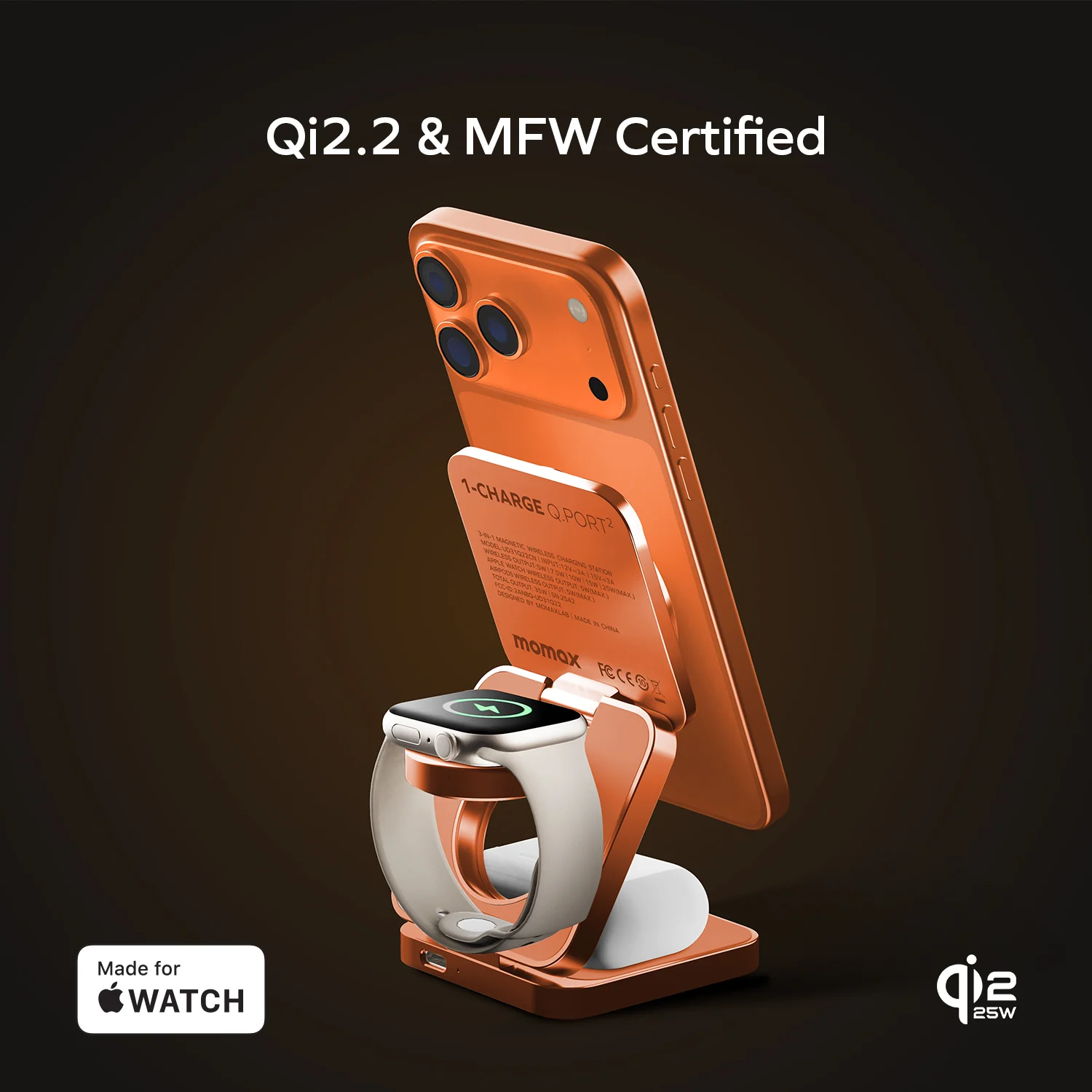 MOMAX 1-Charge Q.Port² Qi2 25W 3-in-1 Magnetic Wireless Charging Station · A closer look