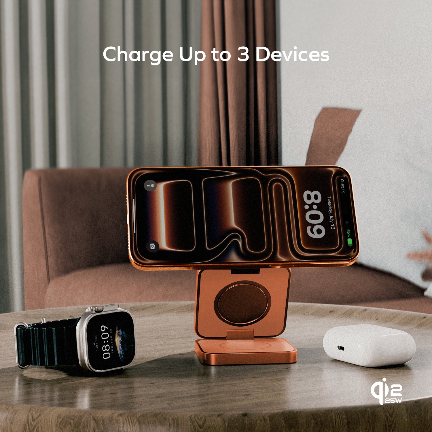 MOMAX 1-Charge Q.Port² Qi2 25W 3-in-1 Magnetic Wireless Charging Station · A closer look