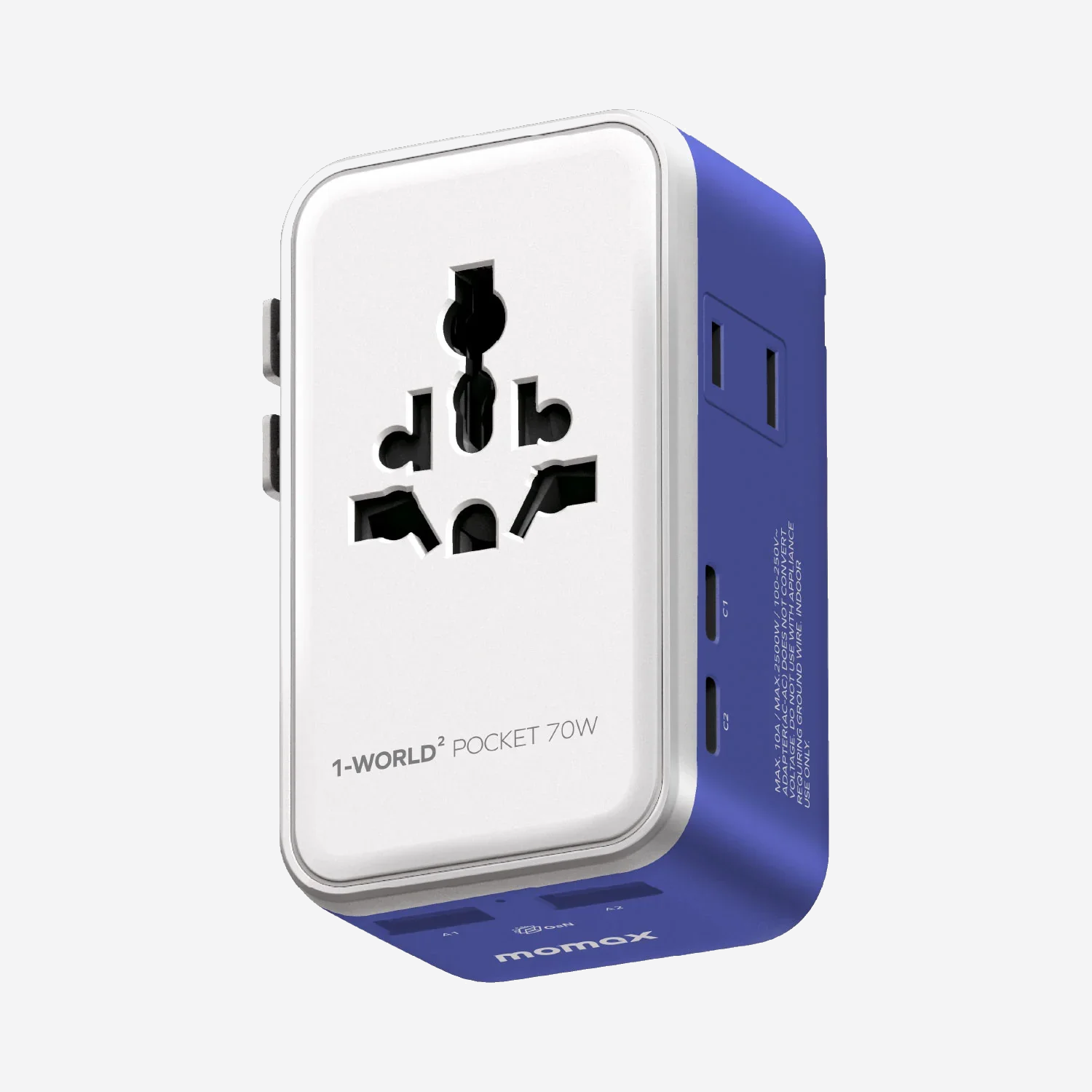 MOMAX 1-World² Pocket 70W 4-Port Dual AC Travel Adapter · Blue