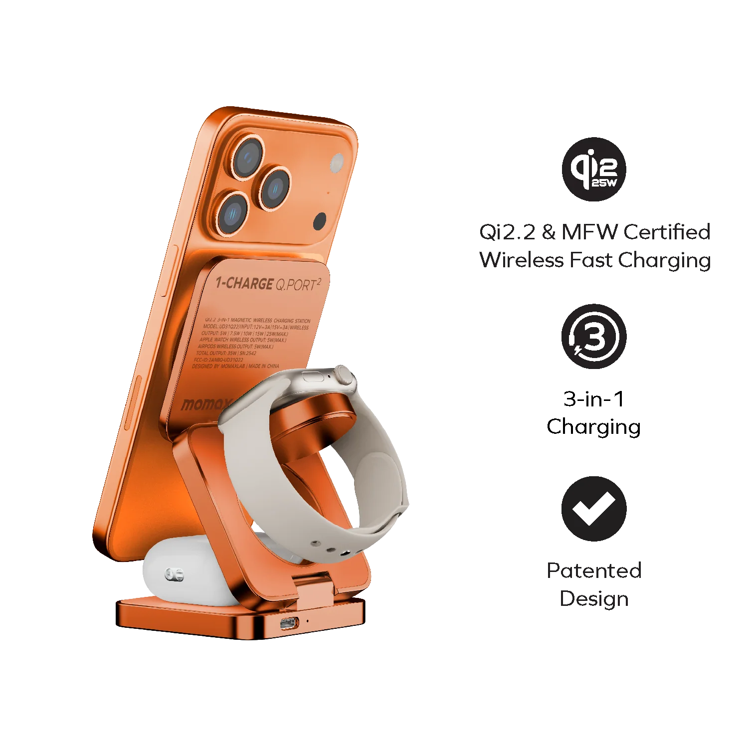 MOMAX 1-Charge Q.Port² Qi2 25W 3-in-1 Magnetic Wireless Charging Station · A closer look