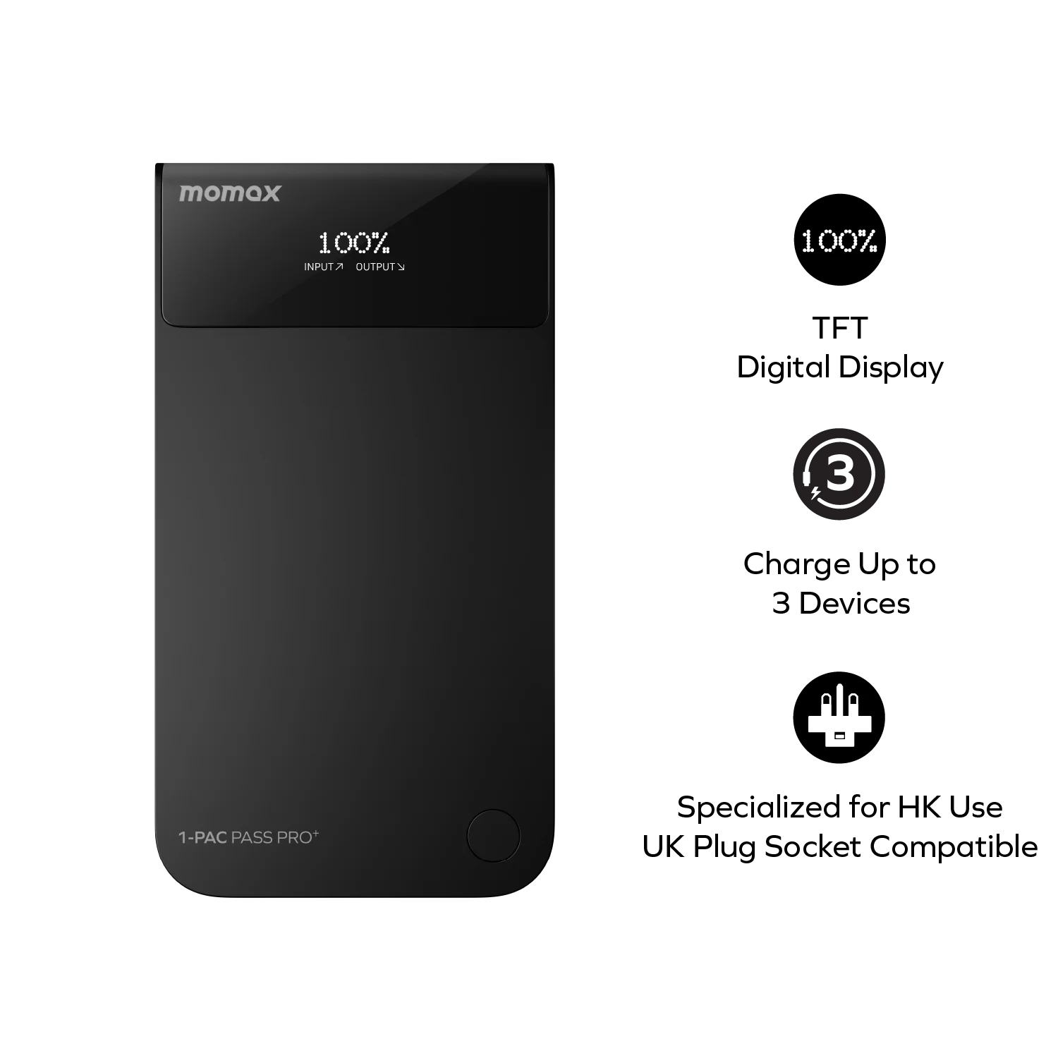 MOMAX 1-Pac Pass Pro⁺ bateria externa híbrida GaN 10000mAh 3in1 com cabo retrátil integrado (45W) · Veja mais de perto