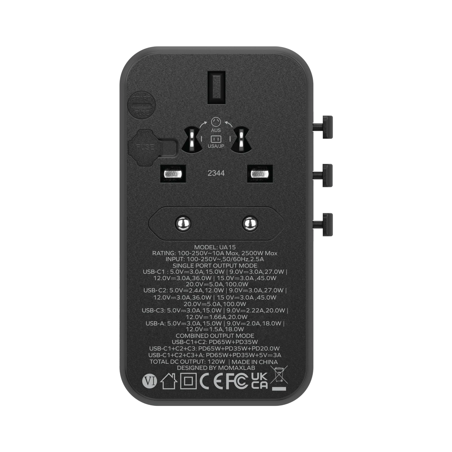 MOMAX 1-World Universal 4-Port Travel GaN Charger 120W + USB-C Cable · Titanium · 120W · 4 ports