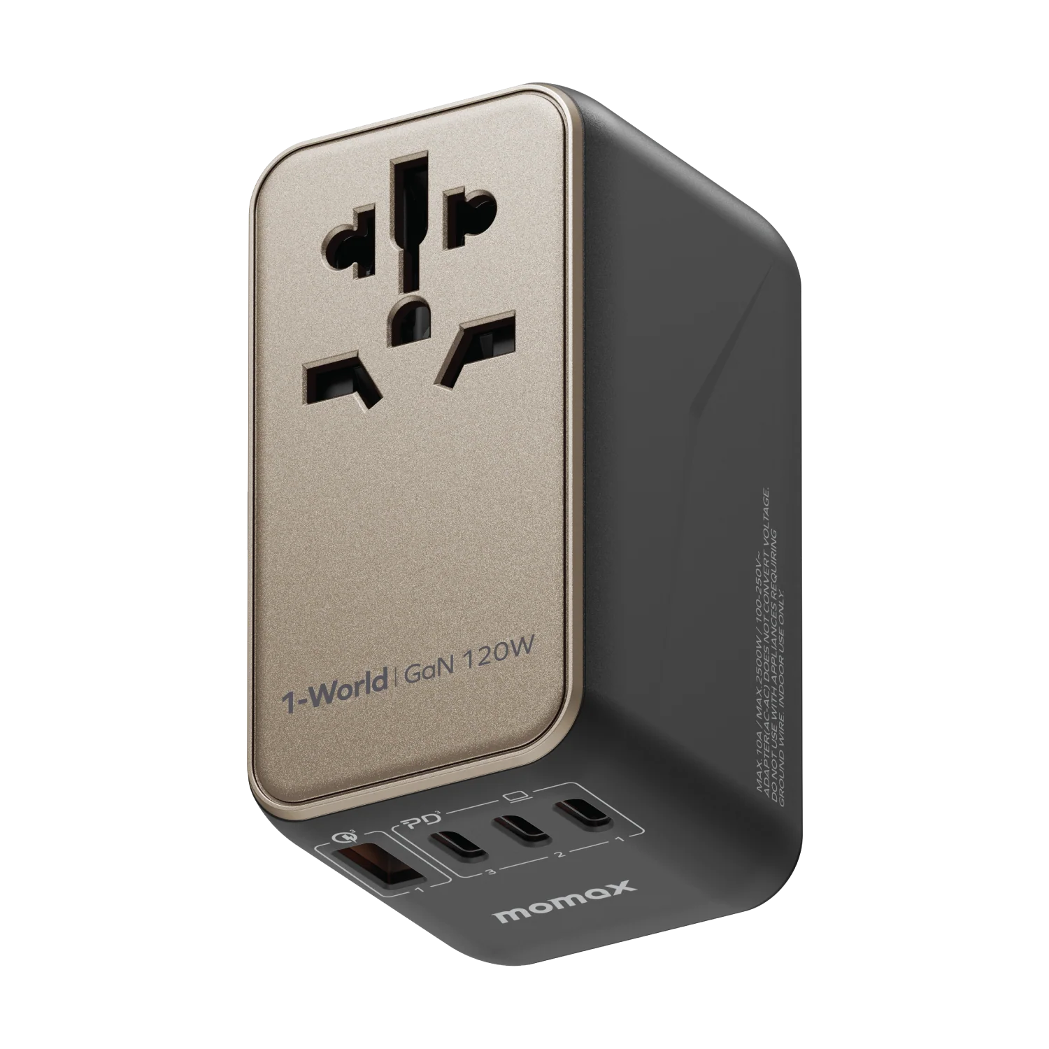 MOMAX 1-World Universal 4-Port Travel GaN Charger 120W + USB-C Cable · Titanium · 120W · 4 ports