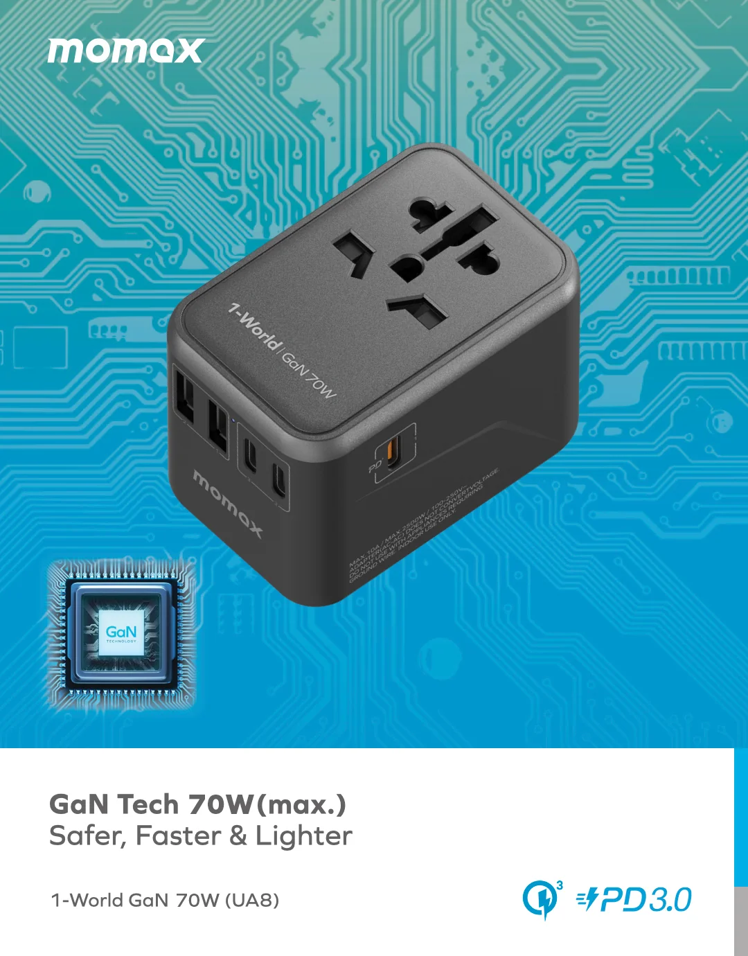 MOMAX 1-World 120W GaN 便携式旅行插座 · 近距离了解