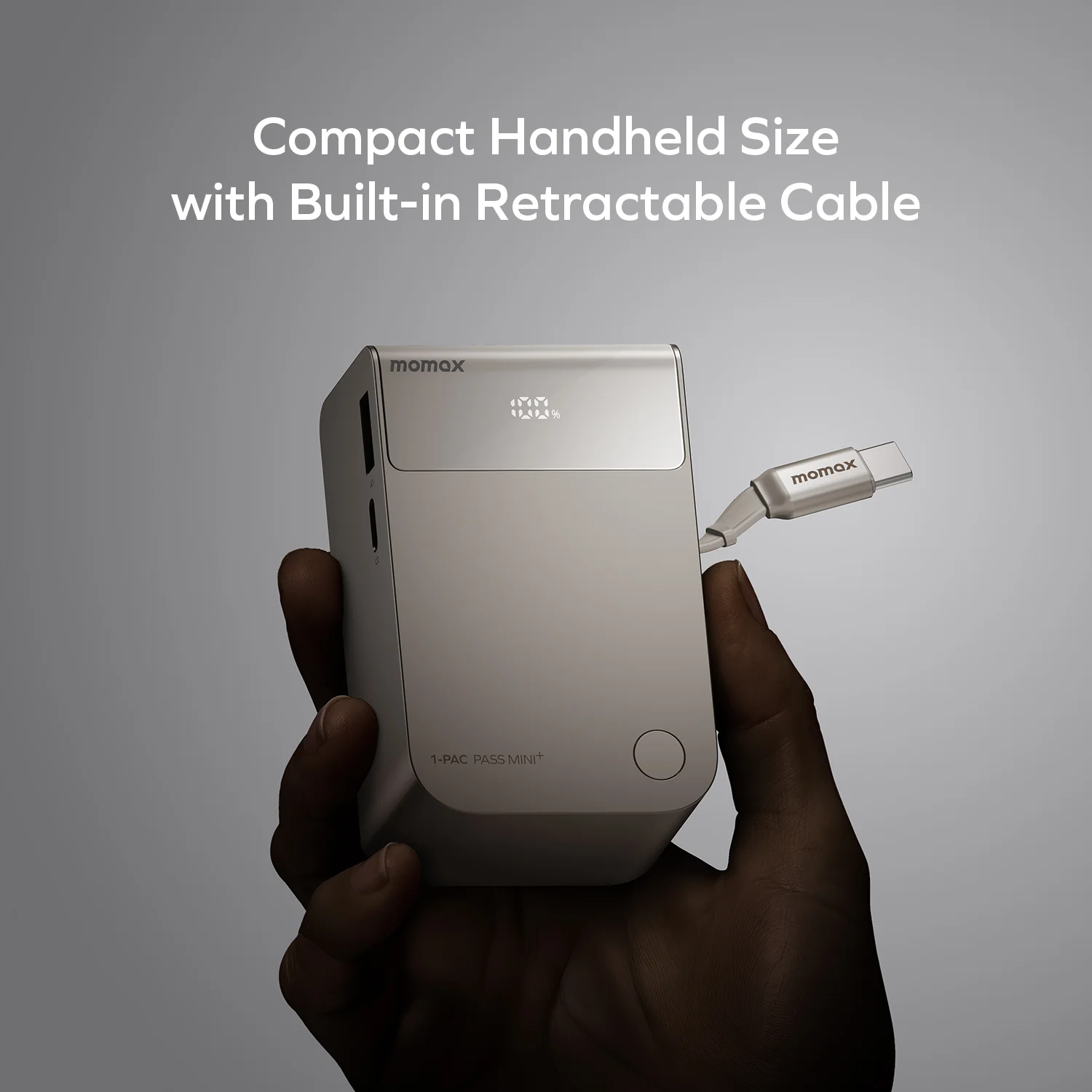 MOMAX 1-Pac Pass Mini⁺ 10000mAh 2in1 Battery Pack with Built-in Retractable Cable · A closer look