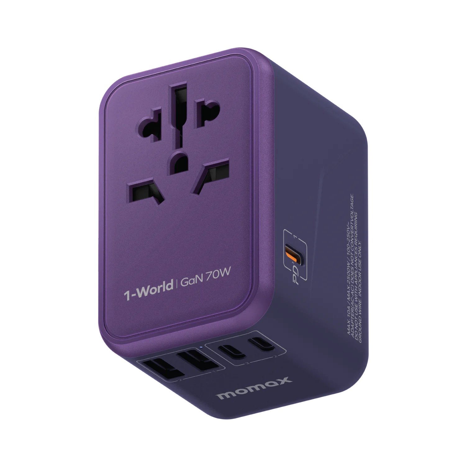 MOMAX 1-World Travel Adapter — UA8A · 5 ports · 70W output · Purple