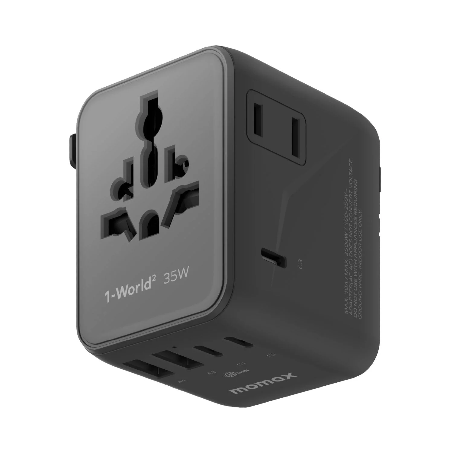 MOMAX 1-World2 Travel Adapter — UA27 · 5-Port · 35W output · Black